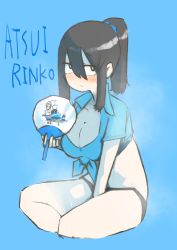 Rule 34 | 1girl, absurdres, blue background, blush, breasts, character name, cleavage, cocoa fuumi, folding fan, front-tie top, full body, hair between eyes, hand fan, highres, holding, holding fan, jitome, large breasts, looking at viewer, original, panties, paper fan, rinko-san (cocoa fuumi), sanpaku, shirt, simple background, solo, summer, sweat, tied shirt, underwear