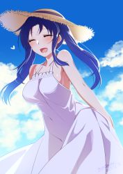 Rule 34 | 1girl, :d, armpits, bare shoulders, blue hair, blue sky, blush, breasts, cloud, cloudy sky, commentary request, covered navel, day, dress, closed eyes, facing viewer, hat, heart, konshin, large breasts, long hair, open mouth, original, outdoors, sky, sleeveless, sleeveless dress, smile, solo, straw hat, white dress