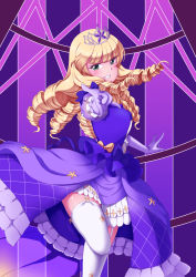 Rule 34 | 1girl, \||/, blonde hair, blunt bangs, breasts, commentary request, dress, drill hair, elbow gloves, garter straps, gloves, green eyes, grin, heanna sumire, highres, long hair, looking at viewer, love live!, love live! superstar!!, medium breasts, nonfiction!! (love live!), puffy short sleeves, puffy sleeves, purple dress, purple gloves, shiruppo, short sleeves, smile, solo, teeth, tiara, white legwear
