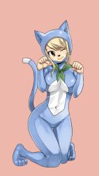 Rule 34 | 1girl, ;), animal costume, animal ears, animal hood, blonde hair, breasts, brown eyes, cat costume, cat ears, cat hood, cat tail, cosplay, covered navel, curvy, fairy tail, fake animal ears, fake tail, female focus, full body, hair between eyes, happy, happy (fairy tail), happy (fairy tail) cosplay, head tilt, hood, huge breasts, kneeling, large breasts, lucy heartfilia, mashima hiro, neckerchief, official art, one eye closed, paw pose, pink background, side ponytail, simple background, skin tight, smile, solo, swept bangs, tail, whiskers, wink
