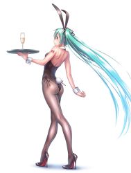 Rule 34 | 00s, 1girl, alcohol, alternate costume, animal ears, aqua eyes, aqua hair, aqua nails, arched back, ass, back-seamed legwear, bare shoulders, black footwear, black hairband, black leotard, black pantyhose, black ribbon, blue hair, blush, champagne, champagne flute, closed mouth, cup, drinking glass, fake animal ears, fake tail, from behind, gradient hair, hairband, hatsune miku, high heels, holding, holding tray, huge ass, leotard, long hair, looking back, multicolored hair, nail polish, number tattoo, pantyhose, playboy bunny, profile, rabbit ears, rabbit tail, ribbon, seamed legwear, shoulder blades, shoulder tattoo, side-tie leotard, simple background, smile, solo, standing, strapless, strapless leotard, tail, tareme, tattoo, tray, very long hair, vocaloid, white background, wokada, wrist cuffs