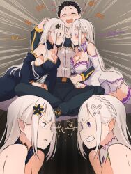 Rule 34 | 1boy, 2girls, angry, bare shoulders, black dress, black hair, blush, braid, breasts, cleavage, clenched teeth, closed eyes, commentary request, crown braid, detached sleeves, dress, drooling, drunk, elf, emilia (re:zero), eye contact, frilled dress, frills, gem, green gemstone, hair ornament, hair slicked back, headpat, heart, highres, jacket, large breasts, lightning glare, long hair, long sleeves, looking at another, mouth drool, multiple girls, natsuki subaru, open mouth, pointy ears, portuguese commentary, purple eyes, re:zero kara hajimeru isekai seikatsu, satella (re:zero), stare down, teeth, thighhighs, track jacket, track suit, upper teeth only, white dress, white hair, x hair ornament, zerobarto