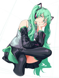 Rule 34 | 1girl, absurdres, arm support, black footwear, black skirt, boots, closed mouth, detached sleeves, green eyes, green hair, grey shirt, hatsune miku, headphones, headset, high heel boots, high heels, highres, invisible chair, crossed legs, long hair, long sleeves, looking at viewer, miniskirt, pleated skirt, ruukii drift, shirt, shoe soles, sitting, skirt, sleeveless, sleeveless shirt, solo, thigh boots, thighhighs, twintails, very long hair, vocaloid, white background