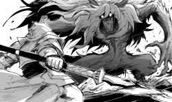 Rule 34 | 1boy, angry, armor, battle, blank eyes, claws, fate/grand order, fate (series), furry, furry male, greyscale, highres, holding, holding polearm, holding spear, holding weapon, kankan33333, long hair, monochrome, monster, open mouth, percival (fate), polearm, sharp teeth, sketch, spear, teeth, weapon, werewolf, white background, woodwose (fate)