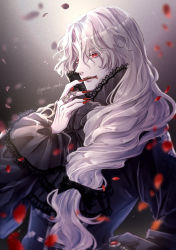 Rule 34 | 1boy, bishounen, blood, blurry, cinis, colored skin, depth of field, falling petals, fang, fang out, fingernails, frilled sleeves, frills, gem, hand on own hip, highres, light particles, long hair, long sleeves, looking at viewer, male focus, parted bangs, petals, red eyes, rose petals, sharp fingernails, solo, sparkle, user xmej7725, vampire, wavy hair, white skin, yume shokuin to wasureji no kuroi yousei