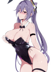 Rule 34 | 1girl, animal ears, arm behind back, arm garter, bare legs, bare shoulders, blush, breasts, cleavage, closed mouth, cone hair bun, detached collar, fake animal ears, from side, genshin impact, hair between eyes, hair bun, hair ornament, half-closed eyes, highres, keqing (genshin impact), large breasts, leotard, long hair, looking at viewer, muoto, parted bangs, pink eyes, playboy bunny, purple hair, rabbit ears, simple background, skindentation, solo, sweat, thigh strap, thighs, twintails, very long hair, white background