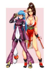 Rule 34 | 2girls, absurdres, blue hair, breasts, brown eyes, brown hair, cleavage, dead or alive, dead or alive 6, fatal fury, female focus, folding fan, full body, glasses, gloves, hand fan, highres, holding, holding fan, kula diamond, large breasts, long hair, matching hair/eyes, multiple girls, ninja, open mouth, parted bangs, pelvic curtain, ponytail, red eyes, revealing clothes, shiranui mai, simple background, smile, standing, the king of fighters, thighs
