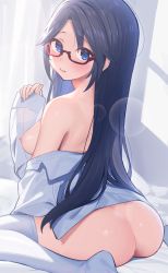 Rule 34 | 1girl, ass, back, bare shoulders, bed sheet, black hair, blue eyes, blush, breasts, character request, commission, copyright request, curtains, dutch angle, foot out of frame, from behind, frown, glasses, highres, indoors, long hair, long sleeves, looking at viewer, looking back, medium breasts, morning, naked shirt, nipples, no bra, no panties, off shoulder, on bed, parted bangs, pretty mundane, semi-rimless eyewear, shirt, sidelocks, sitting, skeb commission, sleeves past wrists, soles, solo, sunlight, sunset, thighhighs, very long hair, waking up, wariza, white shirt, white thighhighs, window