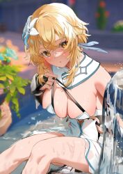 Rule 34 | 1girl, blonde hair, blurry, blurry background, blush, breasts, bridal gauntlets, cleavage, detached collar, dress, feather hair ornament, feathers, flower, fountain, genshin impact, hair flower, hair ornament, highres, large breasts, leaning forward, looking at viewer, lumine (genshin impact), outdoors, pulling own clothes, short dress, sidelocks, sitting, skindentation, solo, strap pull, takeno omoti, thighs, water, wet, white dress, white flower, yellow eyes