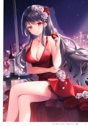 Rule 34 | 1girl, absurdres, alcohol, artist name, black hair, blush, bottle, breasts, cleavage, collarbone, crossed legs, cup, dress, drinking glass, earrings, flower, hair ornament, highres, holding, jewelry, kagachi saku, long hair, looking at viewer, medium breasts, melonbooks, necklace, page number, red dress, red eyes, scan, simple background, sky, sleeveless, sleeveless dress, star (sky), starry sky, wine, wine bottle, wine glass