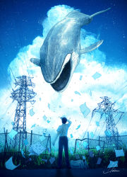 Rule 34 | 1boy, arm up, black pants, blue sky, cloud, cloudy sky, fence, floating, from behind, highres, hiromumaru, original, pants, paper, plant, power lines, shirt, short sleeves, signature, sky, solo, standing, surreal, whale, white shirt, wide shot