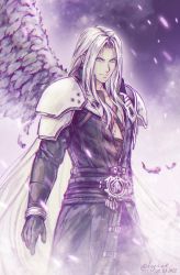 Rule 34 | 1boy, aqua eyes, armor, belt, black gloves, black jacket, chest strap, falling feathers, feathers, final fantasy, final fantasy vii, final fantasy vii remake, gloves, highres, jacket, kay-i, long hair, long jacket, parted bangs, sephiroth, shoulder armor, sidelocks, silver hair, single wing, solo, square enix, straight hair, upper body, wings