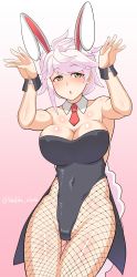 Rule 34 | 1girl, absurdres, animal ears, asymmetrical hair, bare shoulders, blush, braid, breasts, cleavage, coattails, covered navel, detached collar, fake animal ears, fishnet pantyhose, fishnets, hands up, highres, hip focus, kaiduka akuta, kantai collection, large breasts, leotard, long hair, necktie, pantyhose, playboy bunny, rabbit ears, rabbit girl, rabbit pose, rabbit tail, silver hair, single braid, solo, tail, thighs, unryuu (kancolle), very long hair, wavy hair, wrist cuffs, yellow eyes