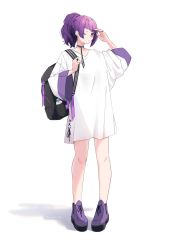 Rule 34 | 1girl, ;|, backpack, bag, bare legs, ear piercing, full body, highres, idolmaster, idolmaster shiny colors, looking afar, messy hair, minorin, oversized clothes, oversized shirt, piercing, platform footwear, purple eyes, purple footwear, purple hair, shading eyes, shadow, shirt, simple background, solo, tanaka mamimi, v-neck, white background, white shirt, wide sleeves