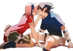 Rule 34 | 1boy, 1girl, ankle boots, arm support, bare arms, bike shorts, black eyes, black hair, blue shirt, blurry, boots, commentary, couple, dress, forehead protector, from side, hairband, hand on another&#039;s cheek, hand on another&#039;s face, hand on own leg, hand up, haruno sakura, headband, hetero, highres, imminent kiss, kneeling, konohagakure symbol, leaning forward, looking at another, naruto, naruto (series), niku (ni23ku), parted lips, pelvic curtain, pink hair, pouch, red dress, seiza, shirt, short sleeves, shorts, simple background, sitting, symbol-only commentary, thigh pouch, thigh strap, uchiha sasuke, white background, white shorts