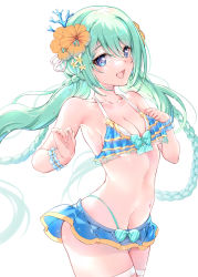 Rule 34 | 1girl, absurdres, blue eyes, blush, breasts, chika (princess connect!), flower, green hair, hair ornament, highres, long hair, looking at viewer, open mouth, princess connect!, skirt, small breasts, swimsuit, xin (zinc)