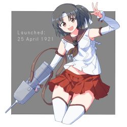Rule 34 | 1girl, baseu, black hair, breasts, brown eyes, brown neckwear, cropped legs, detached sleeves, headband, highres, holding, holding weapon, kantai collection, nagara (kancolle), one side up, pleated skirt, red sailor collar, red skirt, sailor collar, school uniform, serafuku, simple background, skirt, small breasts, solo, thighhighs, two-tone background, v, weapon, white headband, white thighhighs