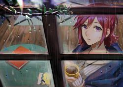 Rule 34 | 1girl, alternate costume, cup, highres, holding, holding cup, jewelry, kaname buccaneer, looking up, macross, macross delta, mug, necklace, pote-mm, purple eyes, rain, red hair, ribbed sweater, short hair, solo, steam, sweater, tree, water, water drop