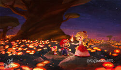 Rule 34 | 1girl, 2boys, bettykwong, blue overalls, crown, dress, earrings, fire flower, gloves, jewelry, looking at another, mario, mario (series), multiple boys, night, night sky, nintendo, overalls, princess peach, red dress, red headwear, red shirt, shirt, sky, smile, the super mario bros. movie, toad (mario), tree, white dress, white gloves