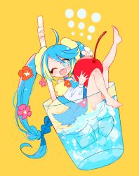 Rule 34 | ahoge, barefoot, blue dress, blush, braid, cherry, comfey, creatures (company), cup, dress, drinking glass, drinking straw, flower, food, fruit, game freak, gen 7 pokemon, hair flower, hair knot, hair ornament, holding, holding food, ice, ice cube, leg up, long hair, low-tied long hair, low twin braids, nintendo, one eye closed, open mouth, orange flower, oversized food, oversized object, personification, pink flower, pokemon, symbol-shaped pupils, teeth, twin braids, twintails, upper teeth only, very long hair, white flower, yellow background, yuzu ichika
