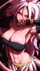 1girl absurdres android_21 armpits baggy_pants bare_shoulders black_nails black_sclera bracelet breasts cleavage collarbone colored_sclera colored_skin detached_sleeves dragon_ball dragon_ball_fighterz earrings harem_pants highres hoop_earrings jewelry large_breasts licking_lips long_hair looking_at_viewer majin_android_21 nail_polish navel pants pink_hair pink_skin pointy_ears red_eyes ring saliva skindentation strapless tail tettora toned toned_female tongue tongue_out tube_top white_pants wide_hips