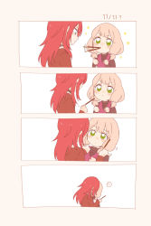 Rule 34 | 2girls, 4koma, bang dream!, blue eyes, comic, dated, food, food in mouth, green eyes, highres, kiss, koyoi (541), low twintails, mouth hold, multiple girls, pink hair, pocky, pocky day, pocky kiss, red hair, shared food, silent comic, sparkle, twintails, udagawa tomoe, uehara himari, v-shaped eyebrows, yuri