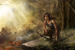 Rule 34 | 1girl, blood, bow (weapon), brown eyes, brown hair, cloud, earth (planet), fire, highres, lara croft, long hair, mountain, open mouth, planet, rain, solo, tank top, tomb raider, tomb raider (reboot), tree, weapon