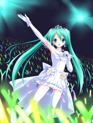 Rule 34 | 1girl, arm up, choker, dress, earrings, elbow gloves, gloves, glowstick, green eyes, green hair, hatsune miku, highres, jewelry, long hair, matching hair/eyes, microphone, solo, spring onion, thighhighs, twintails, very long hair, vocaloid, yagami-all hail nanao