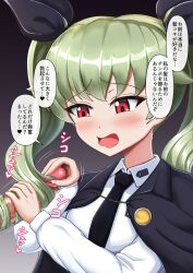 Rule 34 | 1boy, 1girl, anchovy (girls und panzer), anzio school uniform, blush, cape, censored, erection, girls und panzer, green hair, hairjob, handjob, hetero, highres, long hair, looking at penis, mugen mousou, open mouth, penis, red eyes, translation request, twintails