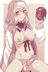 Rule 34 | 1boy, androgyne symbol, blush, breasts, bridget (guilty gear), commission, condom, condom on penis, erection, fingerless gloves, gloves, guilty gear, guilty gear strive, habit, highres, hood, hood up, hooded jacket, hoodie, jacket, large breasts, long sleeves, looking at viewer, male focus, male with breasts, medium hair, navel, nipples, nude, open clothes, open hoodie, penis, pixiv commission, ribbon, solo, spread legs, teba motoko, testicles, trap, uncensored, yo-yo