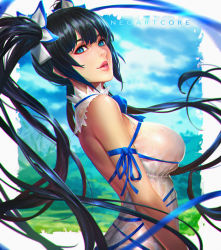 Rule 34 | 10s, 1girl, backless outfit, bare shoulders, barefoot, black hair, blue eyes, breasts, chromatic aberration, dress, dungeon ni deai wo motomeru no wa machigatteiru darou ka, female focus, from side, gradient background, hair ribbon, hestia (danmachi), large breasts, light smile, lips, long hair, looking at viewer, neoartcore, parted lips, realistic, rei no himo, ribbon, sideboob, smile, solo, twintails, upper body, very long hair, wet, wet clothes, white dress