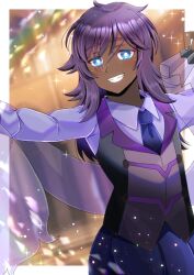 Rule 34 | black vest, blue eyes, blue necktie, blurry, blurry background, collared shirt, commentary request, commission, dark skin, depth of field, grin, hand up, holding, kou hiyoyo, long hair, looking at viewer, necktie, original, purple hair, purple shirt, see-through, shirt, skeb commission, smile, solo, vest