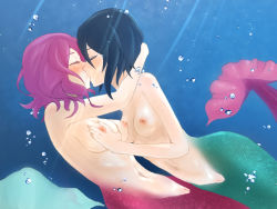 Rule 34 | 2girls, ardi, bermuda triangle colorful pastrale, black hair, blush, grabbing another&#039;s breast, breasts, bubble, closed eyes, commentary, couple, ferma, fins, fish tail, grabbing, kiss, large breasts, medium breasts, mermaid, monster girl, multiple girls, navel, nipples, nude, ocean, purple hair, pussy, pyuu (the last assassins), short hair, sunlight, tail, underwater, yuri