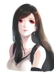 Rule 34 | 1girl, bare shoulders, black hair, breasts, brown hair, caidychen, collarbone, commentary request, earrings, final fantasy, final fantasy vii, highres, jewelry, long hair, looking at viewer, red eyes, shirt, simple background, sleeveless, sleeveless shirt, smile, solo, suspenders, tank top, tifa lockhart, upper body, white background, white shirt