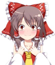 Rule 34 | 1girl, ascot, bad hands, blush, bow, brown eyes, brown hair, detached sleeves, e.o., female focus, hair bow, hair tubes, hakurei reimu, highres, japanese clothes, long hair, long sleeves, looking at viewer, miko, portrait, simple background, smile, solo, touhou, white background, wide sleeves
