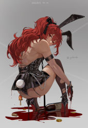 Rule 34 | 1boy, absurdres, alcohol, alternate costume, animal ears, ass, black ribbon, black thighhighs, bottle, coin, crossdressing, cuffs, diluc (genshin impact), fake animal ears, genshin impact, gloves, gradient background, hair ribbon, handcuffs, head tilt, high heels, highres, leather, leotard, long hair, looking at viewer, male focus, playboy bunny, rabbit ears, red eyes, red hair, ribbon, scar, scar on back, sitting, solo, spill, squatting, thighhighs, torn clothes, torn thighhighs, twitter username, vision (genshin impact), wet, wine, wine bottle, yolanda