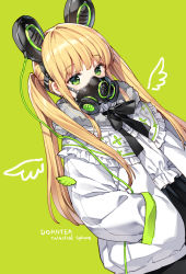 Rule 34 | 1girl, animal ears, black skirt, blonde hair, bow, bowtie, check copyright, close-up, copyright request, fake animal ears, frilled shirt, frills, fur collar, gas mask, green background, green eyes, hands in pockets, highres, jacket, long hair, long sleeves, looking at viewer, mask, nardack, open clothes, open jacket, original, shirt, sidelocks, simple background, skirt, solo, twintails, white jacket, white shirt