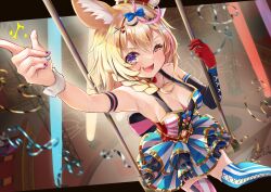 Rule 34 | 1girl, absurdres, animal ears, bare shoulders, blonde hair, blue bow, blush, bow, breasts, cleavage, club hair ornament, confetti, diamond hair ornament, fennec fox, fox ears, fox girl, gloves, hair bow, hair ornament, highres, hololive, kairono3jou, large breasts, long hair, looking at viewer, multicolored hair, omaru polka, omaru polka (1st costume), one eye closed, purple eyes, red gloves, signature, single glove, smile, solo, spade hair ornament, standing, streaked hair, striped clothes, striped thighhighs, thighhighs, vertical-striped clothes, vertical-striped thighhighs, virtual youtuber, white wristband