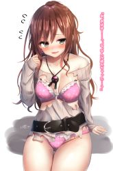 Rule 34 | 1girl, :d, arm support, bad id, bad pixiv id, bang dream!, belt, belt buckle, black belt, blush, bra, breasts, brown hair, brown sweater, buckle, collarbone, dress, earrings, frilled bra, frilled panties, frills, gluteal fold, grey eyes, hair between eyes, hand up, high ponytail, highres, imai lisa, jewelry, long hair, long sleeves, looking at viewer, medium breasts, off-shoulder sweater, off shoulder, open mouth, panties, pink bra, pink panties, ponytail, ramchi, ribbed sweater, shadow, signature, sitting, sleeves past wrists, smile, solo, sweat, sweater, sweater dress, thigh gap, torn clothes, torn sweater, translation request, underwear, v-shaped eyebrows, very long hair, white background