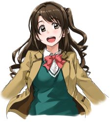 Rule 34 | 10s, 1girl, blazer, bow, bowtie, brown eyes, brown hair, idolmaster, idolmaster cinderella girls, jacket, long hair, looking at viewer, open jacket, open clothes, open jacket, outstretched arms, school uniform, shimamura uzuki, side ponytail, sketch, smile, solo, spread arms, sweater vest, tachibana roku, upper body