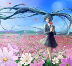 Rule 34 | 1girl, absurdly long hair, aqua eyes, aqua hair, bad id, bad pixiv id, day, field, floating hair, flower, flower field, formal, hatsune miku, long hair, looking away, necktie, outdoors, petals, saihate (vocaloid), skirt, sky, smile, solo, twintails, very long hair, vocaloid, wind, yache