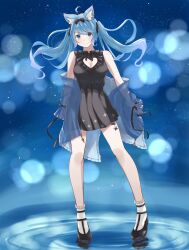 Rule 34 | 1girl, ahoge, animal ear fluff, animal ear piercing, animal ears, black bow, black bowtie, black dress, black footwear, black hairband, blue background, blue eyes, blue hair, blue jacket, blue sky, blurry, blush, bokeh, bow, bowtie, breasts, brooch, cleavage, cleavage cutout, closed mouth, clothing cutout, commentary request, depth of field, dog ears, dog girl, dress, earrings, frilled socks, frills, full body, hair bow, hairband, heel up, highres, jacket, jacket partially removed, jewelry, leg tattoo, long hair, lovermoonlight, mary janes, medium bangs, medium breasts, multiple earrings, nanashi inc., official alternate costume, paw print, paw print tattoo, ripples, shoes, sky, sleeveless, sleeveless dress, smile, socks, solo, souya ichika, souya ichika (6th costume), standing, star (sky), starry sky, tattoo, twintails, white socks
