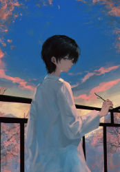 Rule 34 | 1girl, 7ife, absurdres, bad id, bad pixiv id, black hair, blouse, blue eyes, blue sky, branch, cherry blossoms, closed mouth, commentary, english commentary, highres, holding, holding branch, long sleeves, looking at viewer, original, outdoors, profile, railing, shirt, short hair, sky, solo, sunset, tree, white shirt