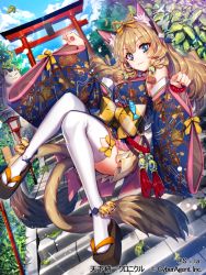 Rule 34 | 1girl, animal ear fluff, animal ears, bell, blue eyes, blue sky, brown hair, cat, cat ears, cat tail, day, detached sleeves, dutch angle, hair ribbon, japanese clothes, jingle bell, kimono, lantern, leaf, long hair, multiple tails, nekomata, official art, orange ribbon, paw pose, platform clogs, ribbon, sidelocks, sila (carpen), sky, solo, stairs, tail, tassel, tenka touitsu chronicle, thighhighs, torii, tree, two tails, watermark, white thighhighs, wide sleeves