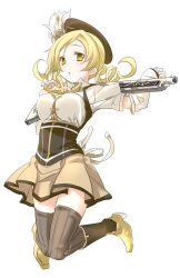 Rule 34 | 10s, 1girl, blonde hair, boots, breasts, drill hair, full body, gun, himura kiseki, jumping, large breasts, looking at viewer, magical girl, magical musket, mahou shoujo madoka magica, mahou shoujo madoka magica (anime), over shoulder, simple background, skirt, solo, thighhighs, tomoe mami, weapon, weapon over shoulder, yellow eyes, zettai ryouiki