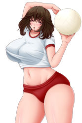 Rule 34 | 1girl, bad id, ball, breasts, brown hair, buruma, cleavage, covered erect nipples, gym uniform, holding, holding ball, huge breasts, original, pink eyes, playing sports, saogokushi, short hair, solo, volleyball, volleyball (object)