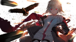 Rule 34 | 1girl, action, bandaid, bandaid on face, bird, blonde hair, bullet, eagle, girls&#039; frontline, gloves, weapon case, headset, highres, id card, jacket, katann, looking at viewer, off shoulder, red eyes, scarf, unworn scarf, scw (girls&#039; frontline), shell casing, short hair, solo