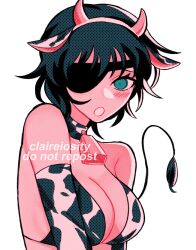 Rule 34 | 1girl, animal ears, animal print, artist name, bell, black choker, black hair, breasts, chainsaw man, choker, claireiosity, cleavage, cow ears, cow horns, cow print, cow tail, cowbell, elbow gloves, eyepatch, fake animal ears, fake tail, gloves, halftone, highres, himeno (chainsaw man), horns, large breasts, looking at viewer, open mouth, short hair, simple background, solo, tail, thighhighs, white background