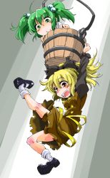 Rule 34 | 2girls, blonde hair, bow, bucket, green eyes, green hair, hair bobbles, hair bow, hair ornament, hanging on, highres, in bucket, in container, kisume, kurodani yamame, multiple girls, open mouth, ponytail, red eyes, ribbon, shinapuu, short hair, smile, touhou, twintails