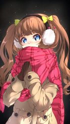 Rule 34 | .live, 1girl, absurdres, blue eyes, blush, bow, brown coat, brown gloves, brown hair, coat, covered mouth, darjeeling (reley), earmuffs, enpera, gloves, green bow, hair bow, hands up, head tilt, highres, kakyouin chieri, long hair, long sleeves, looking at viewer, own hands together, red scarf, scarf, sleeves past wrists, solo, symbol-shaped pupils, two side up, very long hair, virtual youtuber
